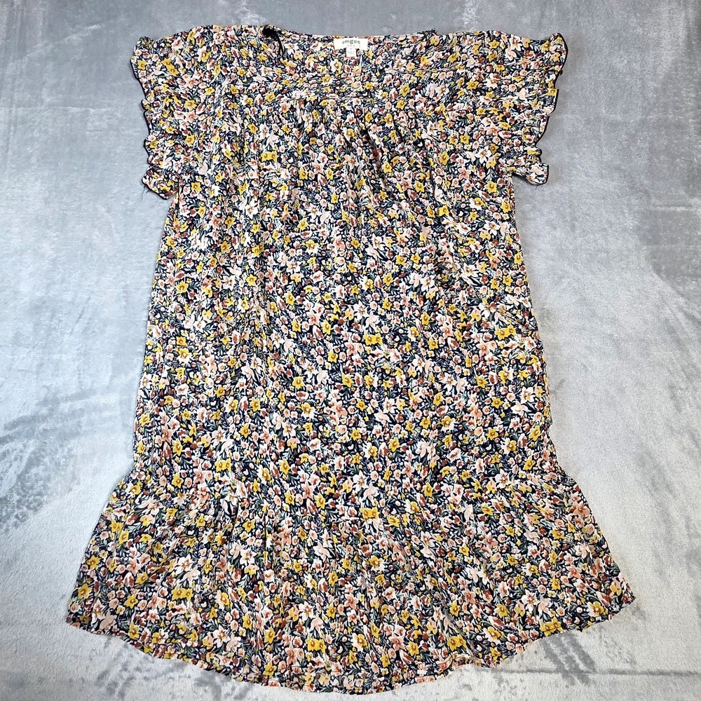 Umgee Mini Dress Women Size S Navy Yellow Flutter‎ Sleeve Floral A5622